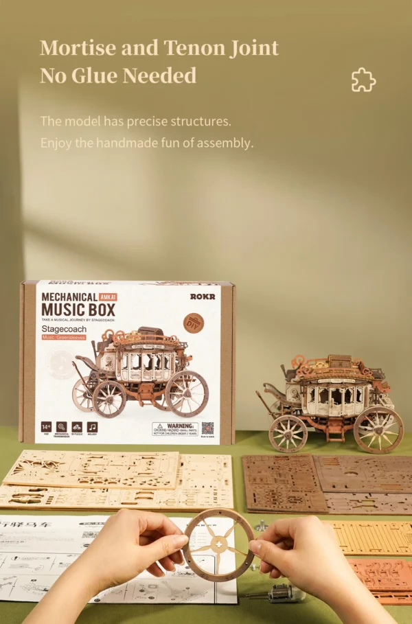 Robotime ROKR Stagecoach Music Box – Puzzle 3D de Madera