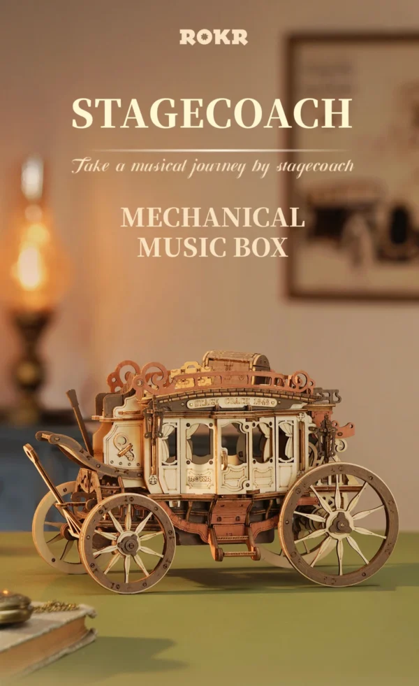 Robotime ROKR Stagecoach Music Box – Puzzle 3D de Madera
