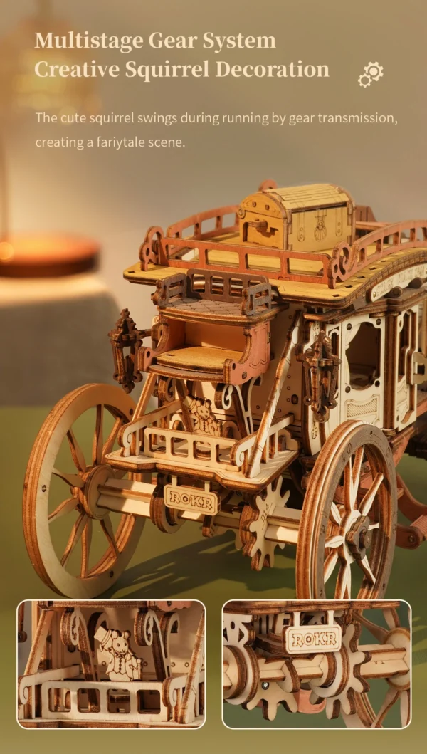 Robotime ROKR Stagecoach Music Box – Puzzle 3D de Madera