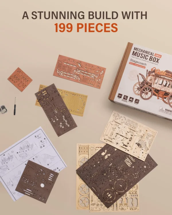 Robotime ROKR Stagecoach Music Box – Puzzle 3D de Madera