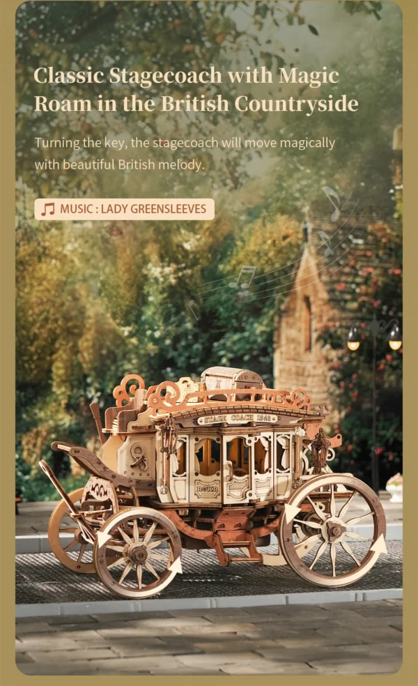Robotime ROKR Stagecoach Music Box – Puzzle 3D de Madera
