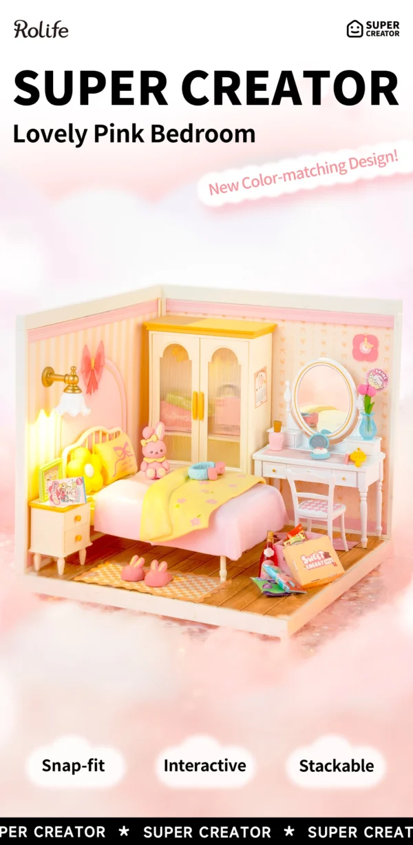 Robotime Rolife Lovely Pink Bedroom – DIY Mini Casa Miniatura