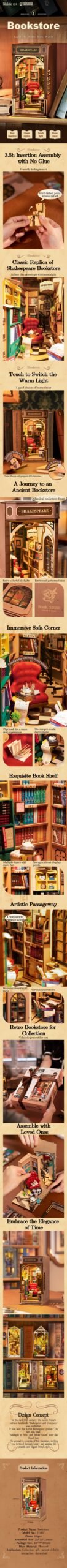 Robotime Rolife New Booknook Bookstore con Luz – DIY Mini Librería de Madera