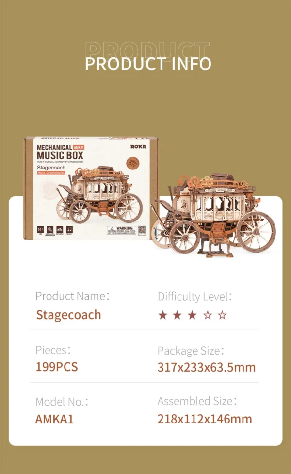 Robotime ROKR Stagecoach Music Box – Puzzle 3D de Madera