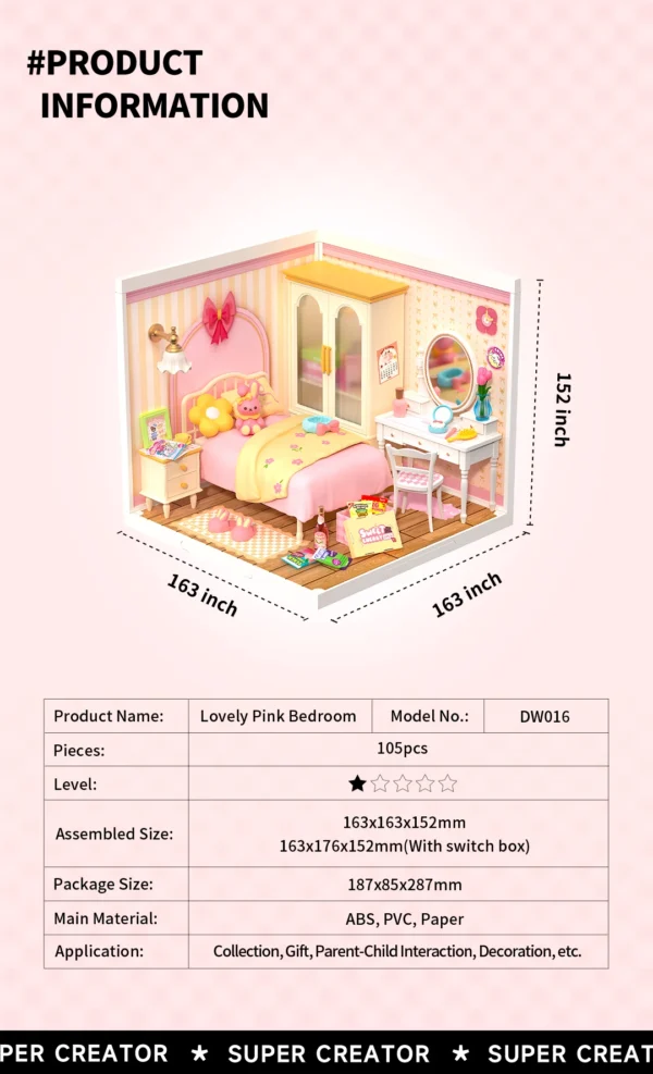 Robotime Rolife Lovely Pink Bedroom – DIY Mini Casa Miniatura
